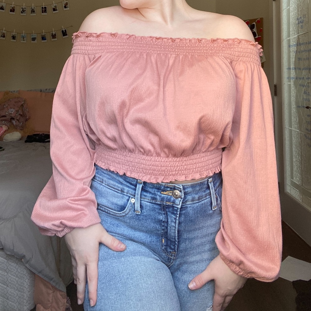 Pink Puffy Sleeve Off the Shoulder Crop Top